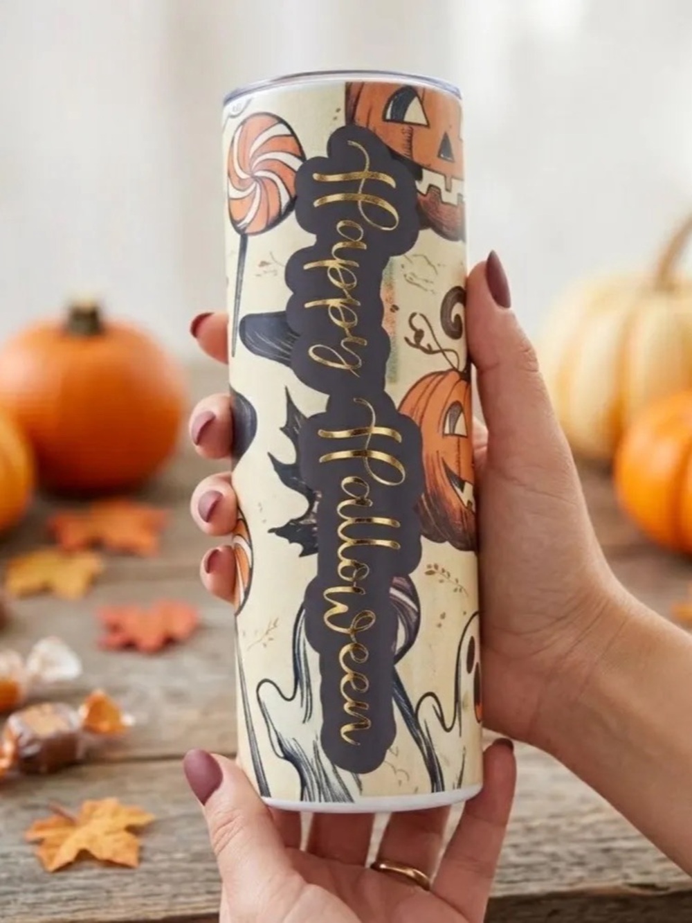 Halloween Pumpkin Tumbler in Cream & Orange vintage style graphics handmade